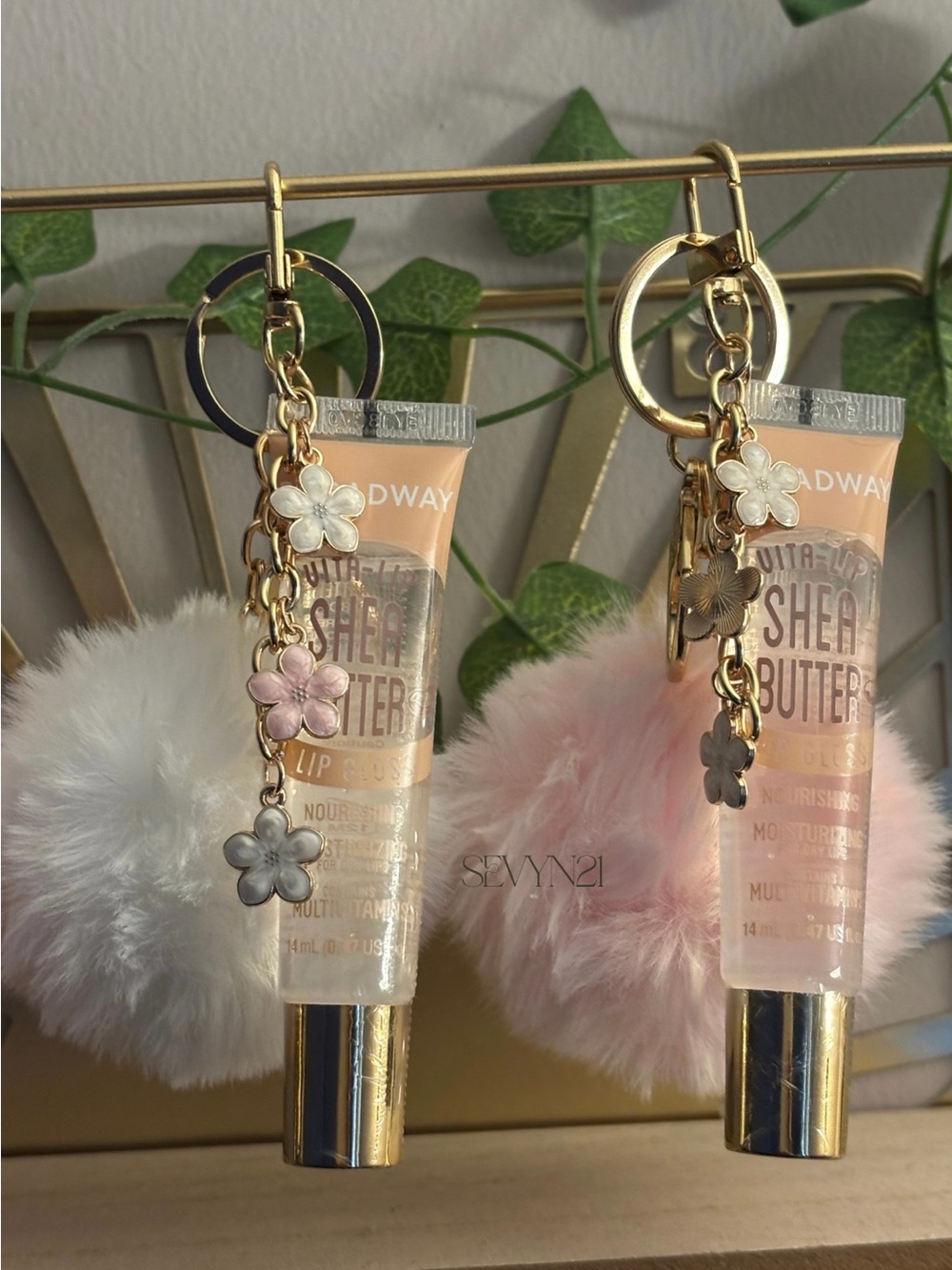 Broadway Shea Butter Lip Gloss Keychain with Pink & White Fur Pom